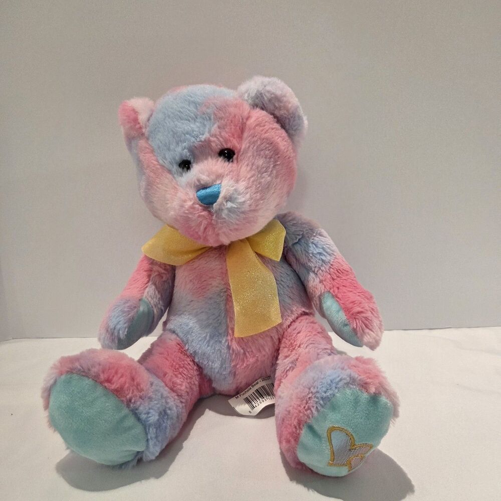 Walmart Pastel Pink Fuchsia Teddy Bear Plush 12" Yellow Bow Blue Nose w Hearts